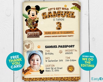 May include: A jungle safari themed birthday invitation for a boy named Samuel turning 3. The invitation features a cartoon image of Mickey Mouse dressed as an explorer, a passport style design with a photo of the birthday boy, and the text "Let's Get Wild Samuel is turning 3".