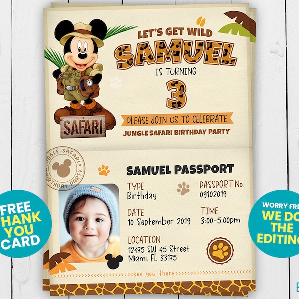 Micky Maus Safari Geburtstagsparty Passport Einladung, Micky, Safari, Party, einladen, bedruckbar, personalisiert, Digital, benutzerdefiniertes Bild