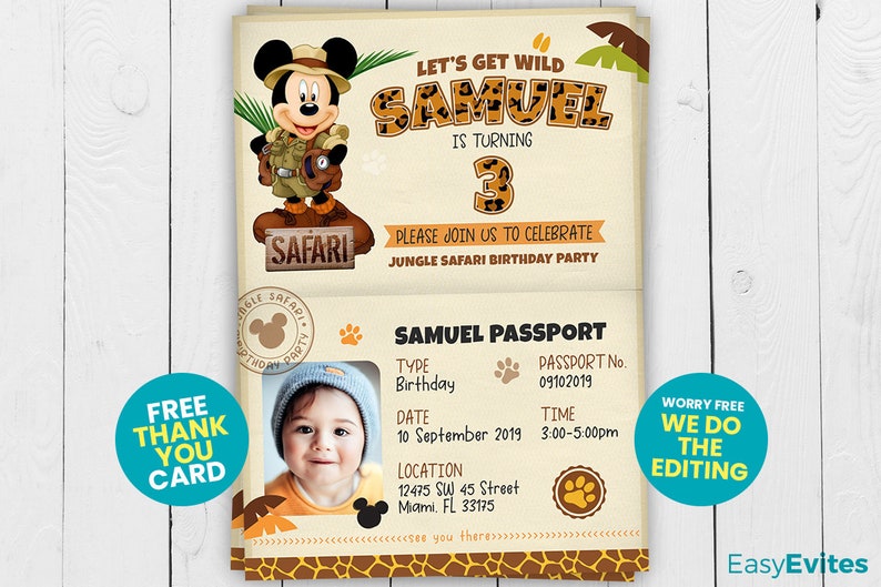 Mickey Mouse Safari Birthday Party Passport Invitation, Mickey, Safari, Party, Invite, Printable, Personalized, Digital, custom image image 1