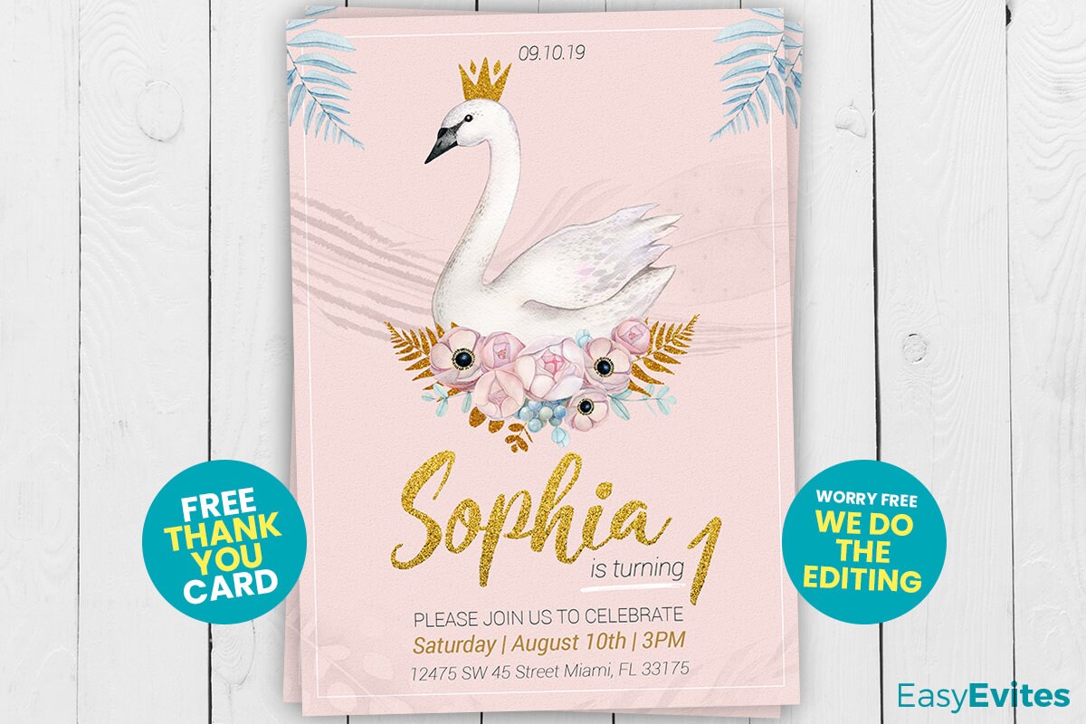 Swan Invitation, Baby Invitation, Girl Invitation, Party, Cisne