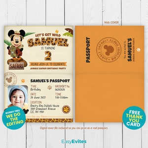 May include: A printable jungle safari birthday party invitation with a passport theme. The invitation features a cartoon image of Mickey Mouse dressed as an explorer, a photo of a child, and the text "Let's Get Wild Samuel is Turning 2".