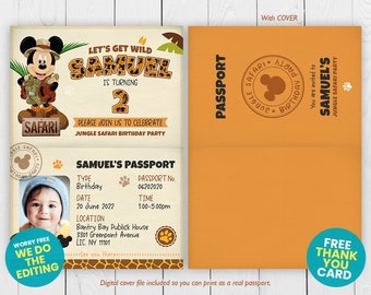 Mickey Mouse Safari Birthday Party Passport Invitation with COVER, Mickey, Safari, Party, Invite, Printable, Personalized, Digital