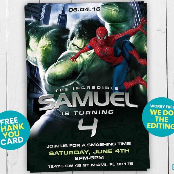 Faire-part Hulk, fête Hulk, Spiderman, anniversaire de Hulk, faire-part d'anniversaire, Invitation Avengers, imprimable, personnalisé, numérique, sur mesure