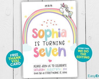 May include: A colorful invitation with a rainbow and a unicorn. The text reads "Sophia is turning seven. Please join us to celebrate Saturday August 10th 3PM 12475 SW 45 Street Miami. FL 33175."