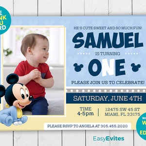 Baby Mickey Mouse Birthday Party Invitation, Baby, Mickey, Party, Invite, Printable, Personalized, Digital, custom image