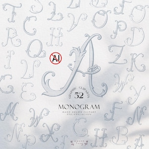 May include: A collection of 52 hand-drawn alphabet letters featuring ornate, calligraphic flourishes with a striped texture. The central letter A is prominently displayed, surrounded by other letters. Text includes 52 GRAPHIC CLIPARTS MONOGRAM.