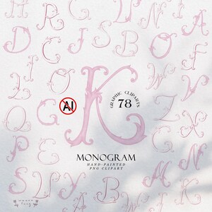 Puede incluir: Una colección de letras caligráficas ornamentadas, pintadas a mano en rosa claro, que forman un alfabeto de monogramas. La letra K central es grande, rodeada de otras letras. Texto: 78 GRAPHIC CLIPARTS, MONOGRAM, HAND-PAINTED PNG CLIPART.