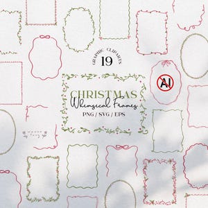 May include: A collection of 19 graphic clip art frames in various shapes, including rectangles and ovals. The frames are in red and green, with floral and bow accents. Text includes "Christmas Whimsical Frames" and file type information.