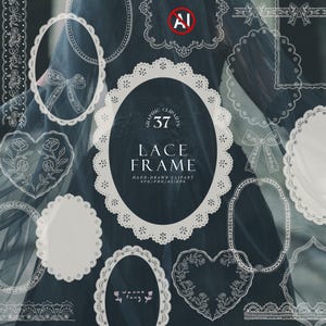 Può includere: Una collezione di 37 clipart grafiche di cornici in pizzo bianco con varie forme, tra cui ovali, cuori e rettangoli con dettagli floreali e fiocchi. Il testo centrale recita 37 GRAPHIC CLIPARTS LACE FRAME HAND-DRAWN CLIPART SVG/PNG/AI/EPS.
