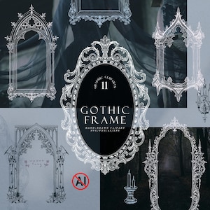 May include: A collection of white line-art illustrations featuring various ornate gothic frames, arches, and a candle holder. The central oval frame contains the text: 11 GRAPHIC CLIPARTS GOTHIC FRAME HAND-DRAWN CLIPART SVG/PNG/AI/EPS. Includes a no-AI symbol.