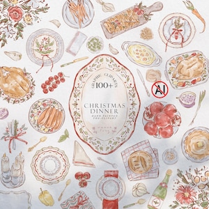 May include: A collection of watercolour illustrations featuring a Christmas dinner theme, including a roasted turkey, various side dishes, plates, cutlery, candles, and a central oval frame with the text 100+ GRAPHIC CLIPARTS CHRISTMAS DINNER.