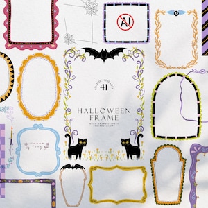 Puede incluir: Una colección de marcos digitales y cliparts con temática de Halloween que presenta varias formas, incluyendo bordes ornamentados, siluetas de murciélagos, gatos negros y telarañas. El texto central dice 41 HALLOWEEN FRAME GRAPHIC CLIPARTS.