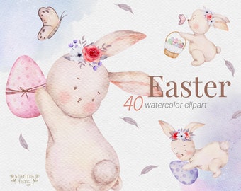 Watercolor Easter clipart, Bunny watercolour clipart, digital file, Clip art, instant Download,PNG,
