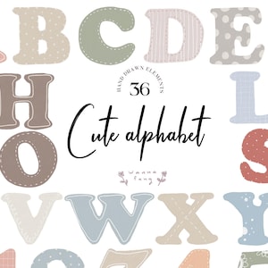Alfabeto desenhado à mão para crianças fofas, fonte engraçada, clipart de letras coloridas, ilustrações abc, alfabeto boho, alfabeto natural, digital, PNG