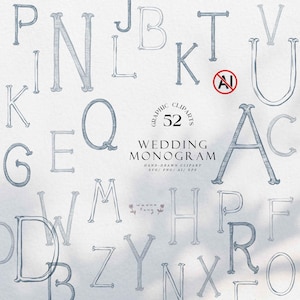 Puede incluir: Una colección de monogramas de boda dibujados a mano en azul claro, en varios estilos de letras. La imagen incluye el texto "WEDDING MONOGRAM" y "52 GRAPHIC CLIPARTS". Las letras son de estilo acuarela.