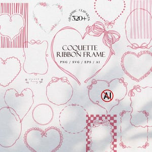 Coquette Valentine Ribbon Frame Clipart - Hand drawn PNG, SVG, EPS Bundle, Editable in Canva