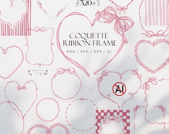 Coquette Valentine Ribbon Frame Clipart - Hand drawn PNG, SVG, EPS Bundle, Editable in Canva