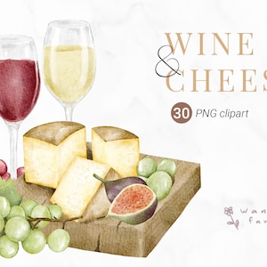 Watercolor Wine and Cheese Clipart, Cheese board, Instant Download, PNG