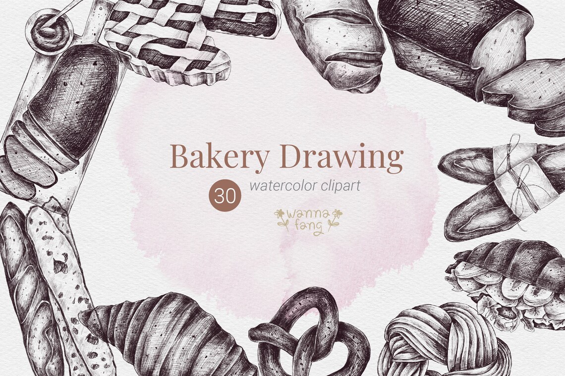 Bread and Bakery Drawing Clipart, Pie, Bread, Bake, Instant Download ...