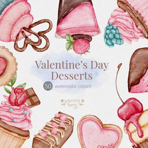 Valentine's Day Dessert Watercolor Clipart: 50 PNG Elements (Digital Download)