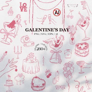 Galentine's Day clipart bundle featuring 280+ feminine Valentine-themed illustrations in PNG, SVG, EPS, and AI formats, perfect for party invitations and social media designs.