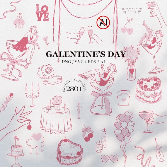 Galentines Girls Night Party Clipart – Feminine Valentine PNG, SVG, EPS Bundle, Editable in Canva