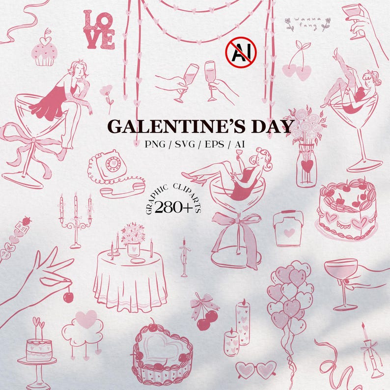 Galentine's Day clipart bundle featuring 280+ feminine Valentine-themed illustrations in PNG, SVG, EPS, and AI formats, perfect for party invitations and social media designs.