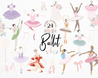 Ballerina Girl Clipart: Dusty Pink Flowers, Ballet PNG (Instant Download)
