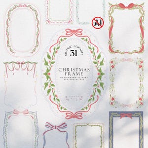 Könnte beinhalten: Eine Sammlung digitaler Grafikrahmen mit handgezeichneten Illustrationen von Schleifen, Bändern und Grünpflanzen. Der zentrale ovale Rahmen zeigt den Text 31 GRAPHIC CLIPARTS CHRISTMAS FRAME HAND-DRAWN CLIPART SVG/PNG/AI/EPS. Verschiedene rechteckige und ovale Ränder sind mit rosa Bändern und grünen Blättern verziert.