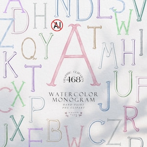 May include: Watercolor monogram graphic clip art featuring various pastel-colored letters. The image includes the text "WATERCOLOR MONOGRAM" and "HAND-PAINT PNG CLIPART". The letters are in a variety of colors, including pink, blue, and green.