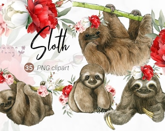 Watercolor Sloth Clipart, Safari Animal, animal clipart, baby wall art, forest animal, wildlife, Nursery animal, Instant Download, PNG