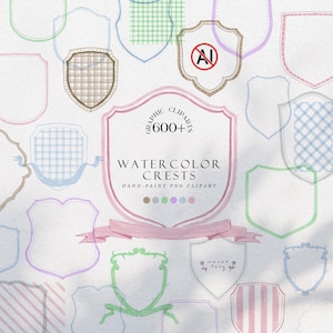 Puede incluir: Clipart de gráficos de escudos de acuarela con una variedad de diseños de escudos en colores pastel. La imagen incluye el texto: "Graphic Cliparts 600+ Watercolor Crests Hand-Paint PNG Clipart".