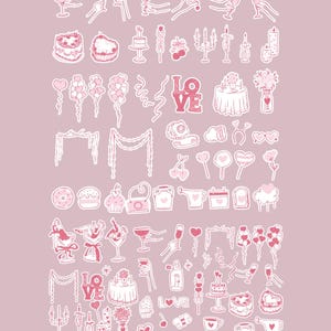 Galentine's Day clipart bundle featuring 280+ feminine Valentine-themed illustrations in PNG, SVG, EPS, and AI formats, perfect for party invitations and social media designs.