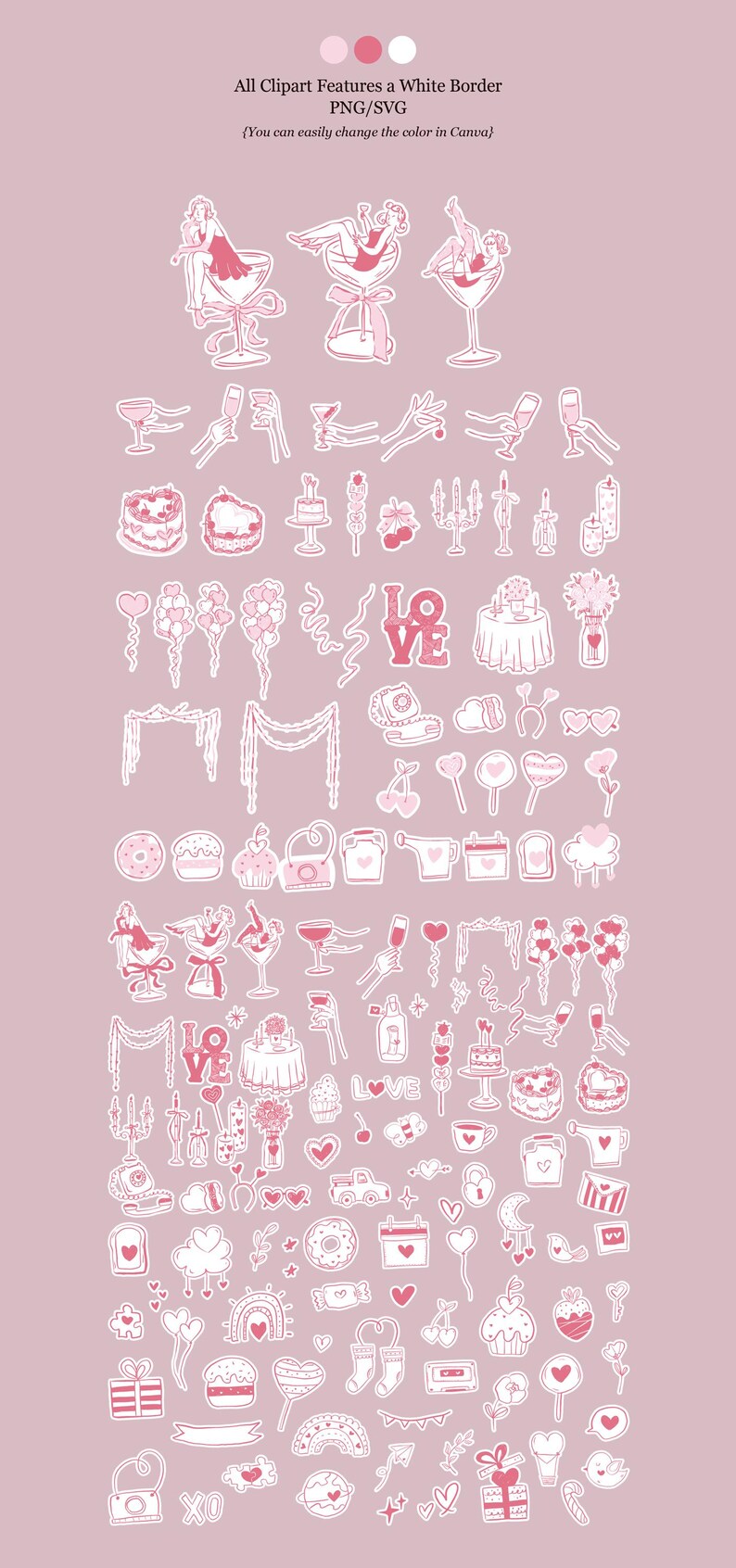 Galentine's Day clipart bundle featuring 280+ feminine Valentine-themed illustrations in PNG, SVG, EPS, and AI formats, perfect for party invitations and social media designs.