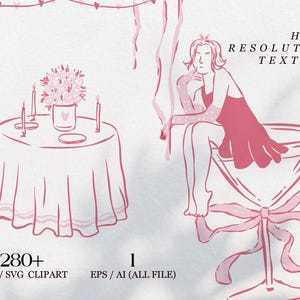 Galentine's Day clipart bundle featuring 280+ feminine Valentine-themed illustrations in PNG, SVG, EPS, and AI formats, perfect for party invitations and social media designs.