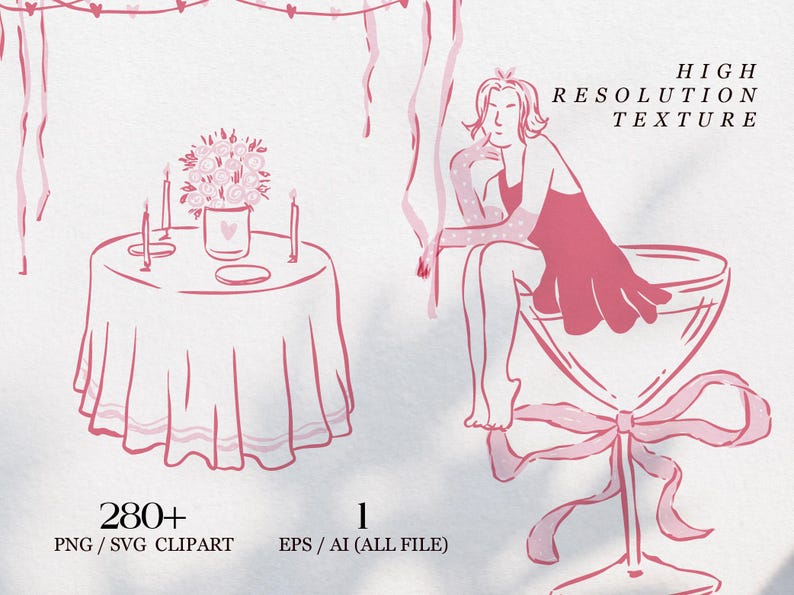 Galentine's Day clipart bundle featuring 280+ feminine Valentine-themed illustrations in PNG, SVG, EPS, and AI formats, perfect for party invitations and social media designs.
