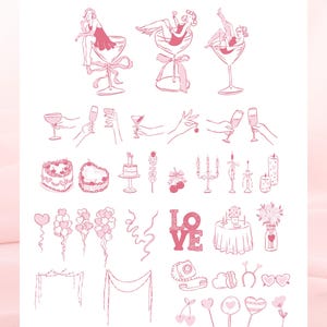 Galentine's Day clipart bundle featuring 280+ feminine Valentine-themed illustrations in PNG, SVG, EPS, and AI formats, perfect for party invitations and social media designs.