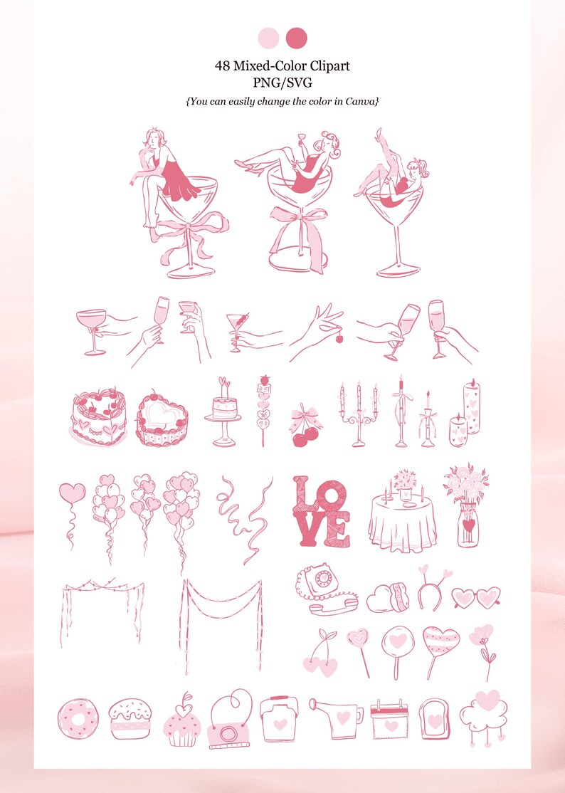 Galentine's Day clipart bundle featuring 280+ feminine Valentine-themed illustrations in PNG, SVG, EPS, and AI formats, perfect for party invitations and social media designs.