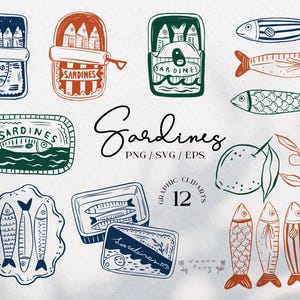 Op de afbeelding: Een verzameling van 12 digitale grafische illustraties met sardines in diverse blikjes, individuele vissen met streep- of schubpatronen, een citroen en een olijftak. De tekst luidt Sardines, PNG/SVG/EPS en 12 Graphic Cliparts.