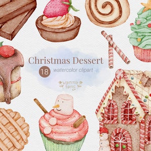 Christmas Dessert Watercolor Clipart, Christmas Clipart, Dessert Clipart, cupcake, cake, cookie, ginger breads, Instant Download,PNG