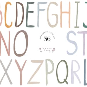 Alfabeto desenhado à mão para crianças fofas, fonte engraçada, clipart de letras coloridas, ilustrações abc, alfabeto boho, alfabeto natural, digital, PNG