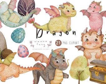 Watercolor Dragons Clipart, Cartoon Nursery Art (PNG Digital Download)