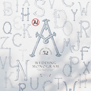 Handritad monogramalfabet Clipart | Elegant bröllopsinitial SVG (digital nedladdning)