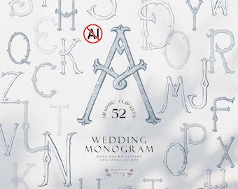 Hand-Drawn Monogram Alphabet Clipart | Elegant Wedding Initials SVG (Digital Download)