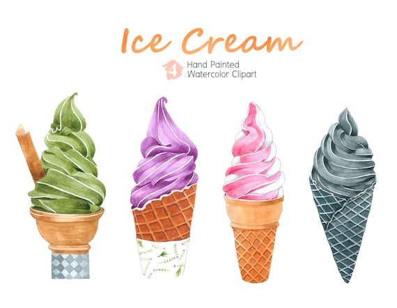 Watercolor Ice Cream Clipart Collection 4 Hand Painted Etsy