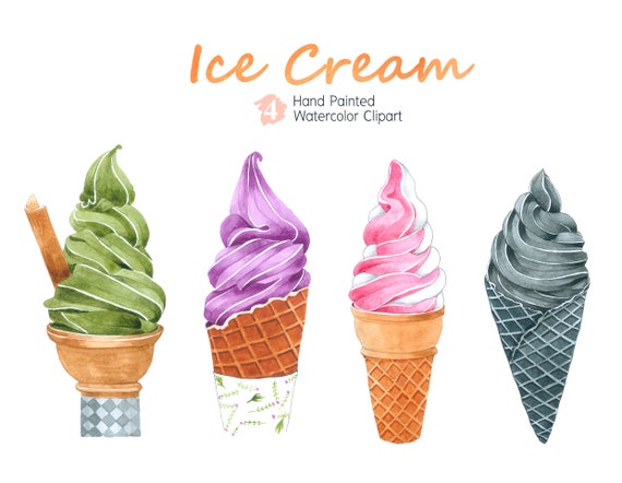 Watercolor Ice Cream Clipart Collection 4 Hand Painted Etsy