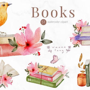Watercolor Books Clipart, Book lover reading, Instant Download, PNG