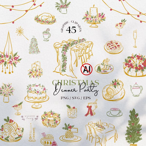 Clipart per la cena di Natale - Pacchetto SVG, PNG, EPS disegnati a mano, modificabili in Canva