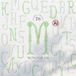 Puede incluir: Una colección de letras del alfabeto y monogramas pintados a mano en color verde claro. La imagen presenta el texto 78 GRAPHIC CLIPARTS, MONOGRAM y HAND-PAINTED PNG CLIPART, junto con un icono circular que contiene las letras AI con una línea roja.