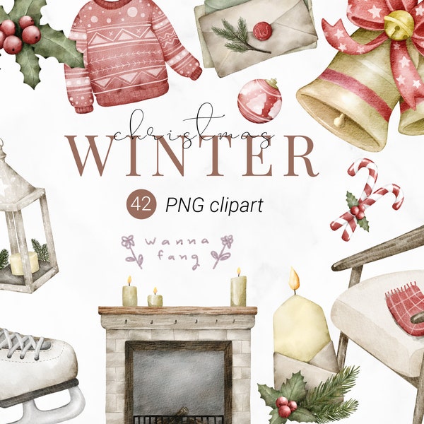 Cozy Christmas Watercolor Clipart Set, christmas ornaments, Digital Download, PNG